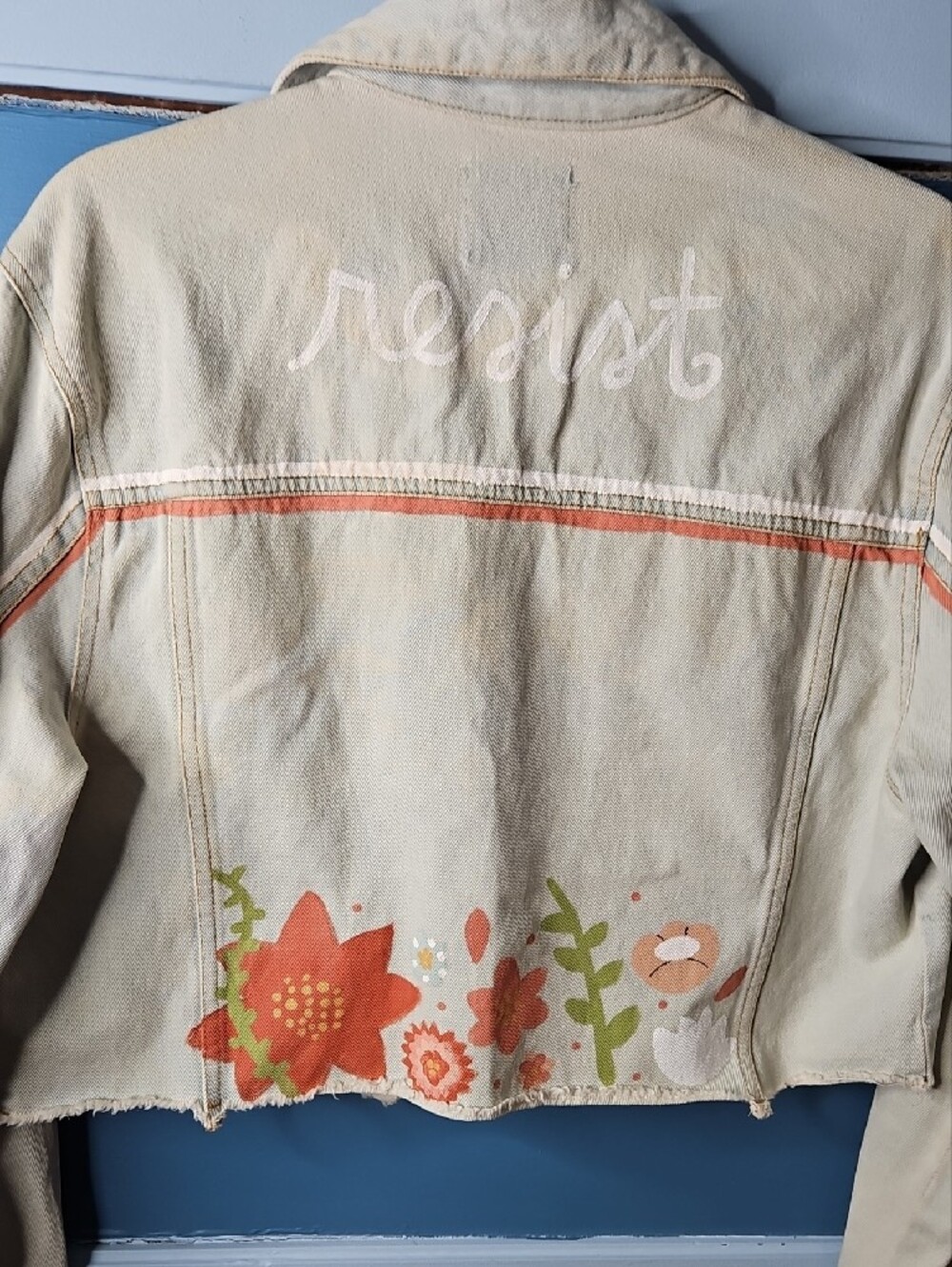 Love Tree Cream Cropped Denim Jacket with Floral Artwork Medium - Picture 2 of 11